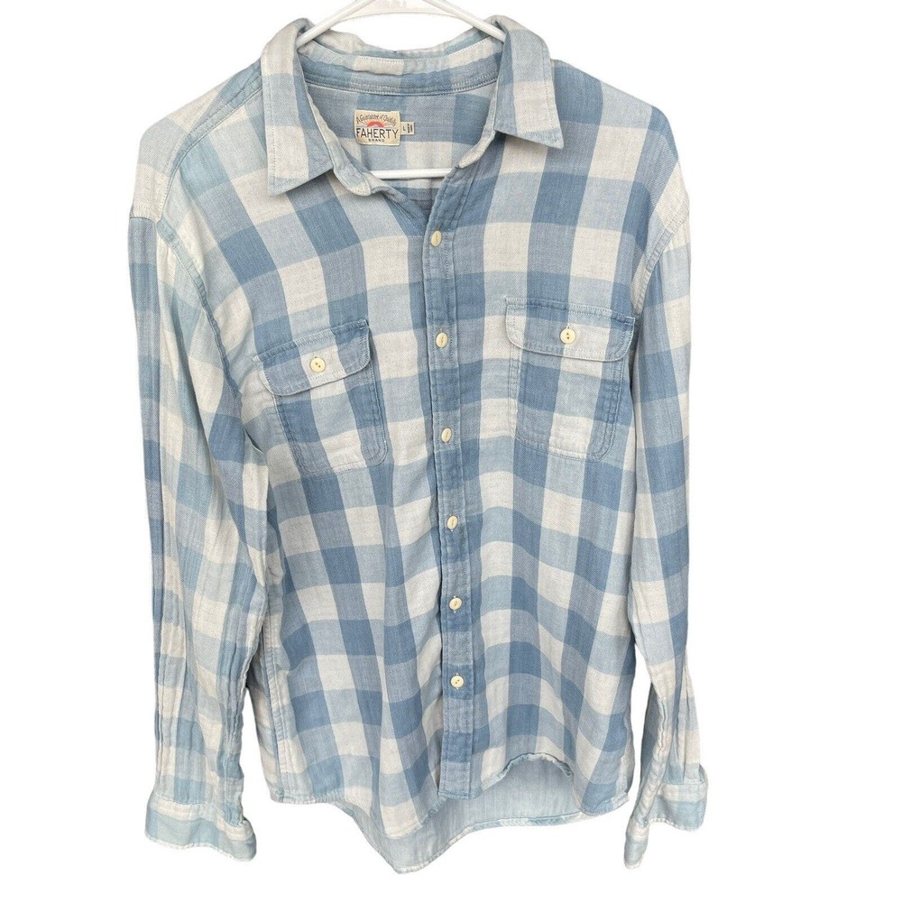 Faherty Flannel Shirt Womens Large Blue White Check Long Sleeve Button Up Casual